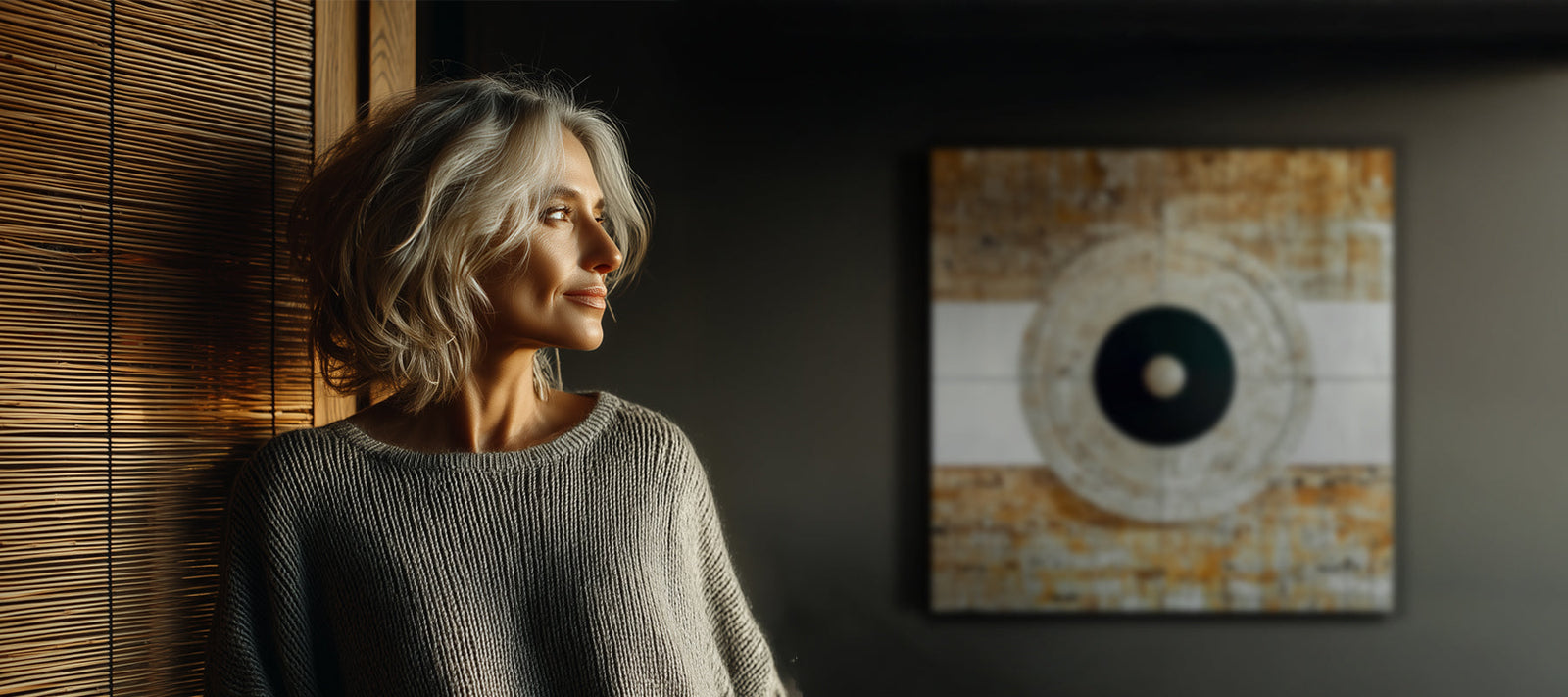 Une personne debout face à la lumière d’une fenêtre, contemplant l’instant présent, un mandala décoratif sur le mur en arrière-plan.